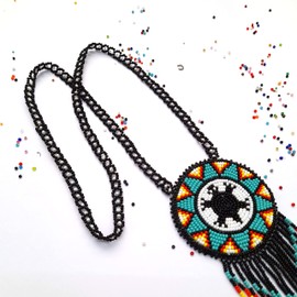 Weavish Medallion Beaded Necklace – Boho Native Handmade Seed Bead Tassel Necklace, Bohemian Large Statement Beaded Necklace for Women (Turquoise)