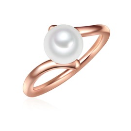 Valero Pearls Women's Ring Wave Sterling Silver 925 Rose Gold-Plated Freshwater Cultured Pearl Button 8 mm White - Modern Ring for Women Pearl Ring Rose Gold, Silver