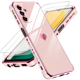 LeYi A13 5G Case & Screen Protector, Luxury Heart Plating, Pink