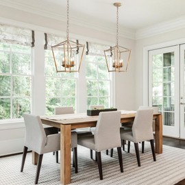 HONGREN Modern Chandelier 4 Light Gold and Gold Lantern Pendant Adjustable Geometric Metal Cage Pendant Lighting Fixtures for Kitchen Island, Above Sink, Dining Room, Bedroom, Foyer, Staircase