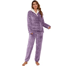 Kissonic Women's Fluffy Pajamas Fuzzy Set Fleece Pullover Winter Pants 2 Piece Lounge Set Sleepwear with Pockets(Purple-L)