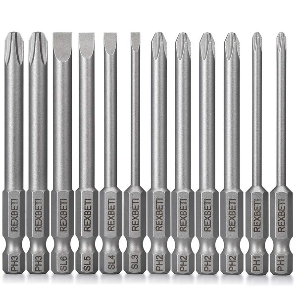 REXBETI 12 Piece Slotted Phillips Screwdriver Bit Set, 1/4 Inch Hex Shank S2 Steel Magnetic 3 Inch Long Drill Bits (Slotted Set)