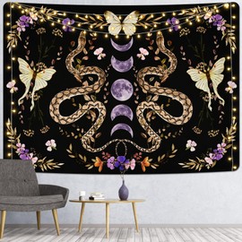 Uspring Snake Tapestry Floral Plants Wall Tapestry Moon Phase Tapestries Boho Mandala Tapestry Wall Hanging Large Butterfly Tapestry for Bedroom Aesthetic, Black Purple (51.2 x 59.1 inches)
