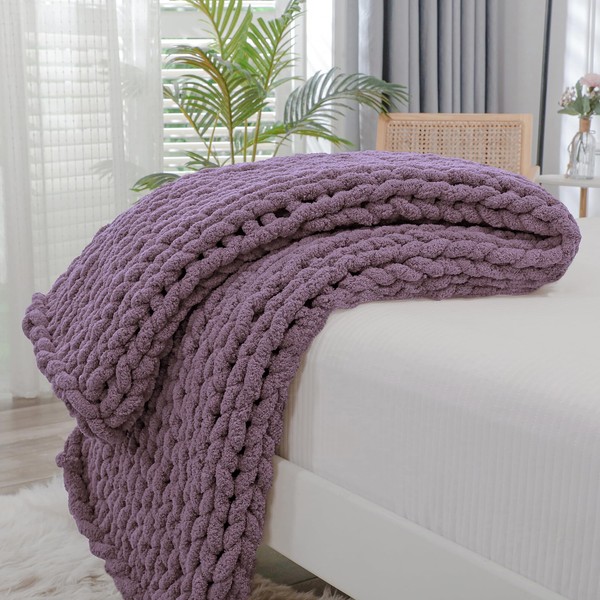 Bigacogo Chunky Knit Blanket Throw 40"x60", 100% Hand Knitted Chenille