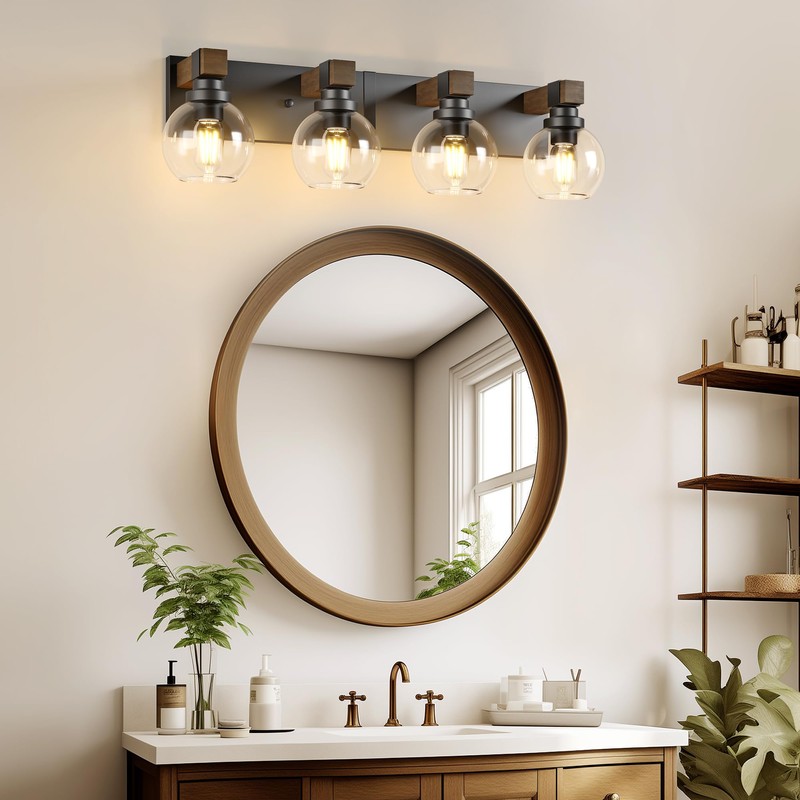 Farmhouse Bathroom Vanity Light Fixtures, 4-Light Wood Bathroom Light Fixtures