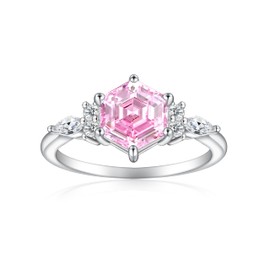 Cijisx 925 Sterling Silver Engagement Ring for Women Hexagon Cut Gemstone Birthstone Promise Ring for Her Pink Cubic Zirconia Ring Size 4.5