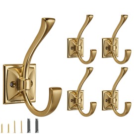 CABDM 5 Pack Decorative Heavy Duty Towel Hooks for Hanging Robe Double Champagne Bronze Coat Hooks Wall Mounted with Screws for Key, Towel, Bags, Cup, Hat