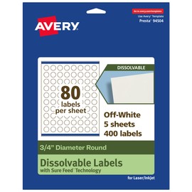 Avery Dissolvable Round Labels, Sure Feed Technology, 0.75" Diameter, Matte White, Print-to-The-Edge, Laser/Inkjet Printable, 400 Labels Total