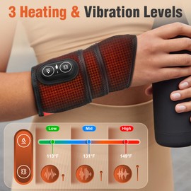 Cordless Wrist Heating Pad Wrap, Heated Wrist Brace with Vibration, 3 Heats and Vibrations Modes, Heated Wrist and Hand Massager, Heating Pad for Wrist, Hand, Knee, Elbow, Ankle, Black