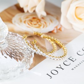 Round Cubic Zirconia Hoop Earrings for Women and Men, Yellow Gold Plated Sparkling Rhinestone Luxury CZ Large Cuff Earrings 40mm (40.00, Round 4mm Cubic Zirconia Earrings)