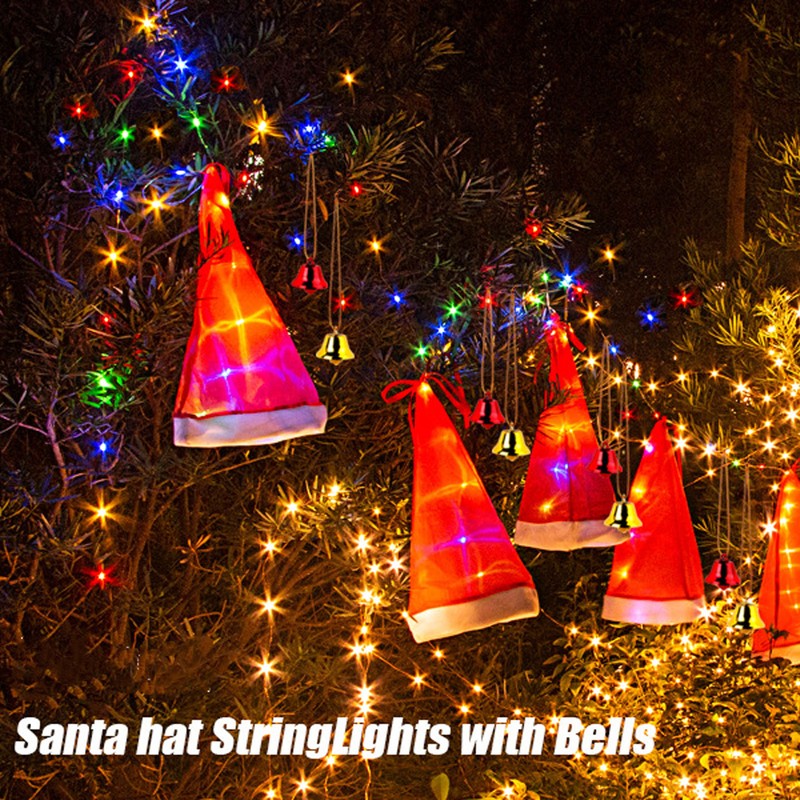 Hanging Lighted Glowing Santa Hats with Bells Battery Powered Fairy