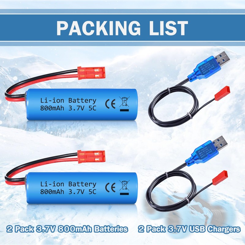 VICMILE 3.7V 800mah Li-ion Battery 2Pack with USB Chargers JST