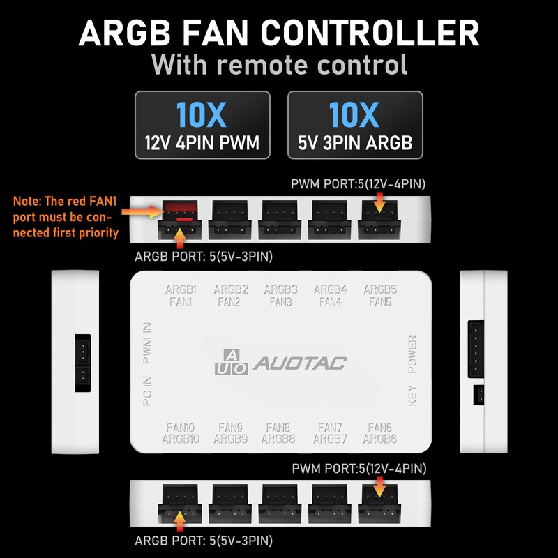 Auotac ARGB Controller PWM Fan Hub with RF Remote, (Connect