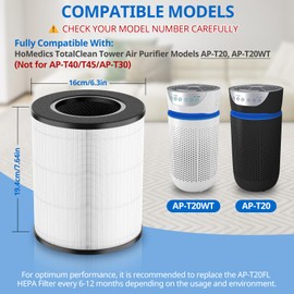 AP-T20 Replacement Filter Compatible with Homedics AP-T20 Air Purifier Filter, 3-in-1 Total Clean Tower Higher Grade Type Filters Replacement for AP-T20WT AP-T20BK, Part#AP-T20FL, 2 Pack