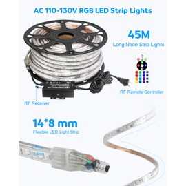 Aclorol AC 110V-130V RGB LED Strip Lights Outdoor Waterproof 147FT LED Rope Lights RGB Dimmable Flexible Light Strip Music Sync Color Changing for Garden Pool Party Lighting Decorative with Remote 45M