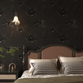 VEELIKE 15.7''x354'' Black Wallpaper Peel and Stick Textured Black Floral Wallpaper Vintage Black Contact Paper for Cabinets Walls Drawers Removable Adhesive Black Vinyl Wallpaper for Bedroom Bathroom