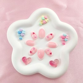 Press on Nails Short Oval White French Tip Fake Nails with Heart Design Glue on Nails Pink Full Cover False Nails Glossy Acrylic Nails Nails Press ons for Girls 24Pcs