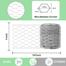 Chicken Wire 4 in x 787 in Poultry Wire Netting Hexagonal Galvanized Mesh Garden Fence Barrier for Pet Rabbit Chicken Fencing with 100 Pcs Cable Zip Ties