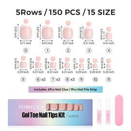 TOMICCA French False Toenails Set, 150 Pcs Nude Pink Long False Toe nails with Nail Glue and Strip, 12 Sizes Full Cover Artificial Feet Nail Tips for Women Nail Art