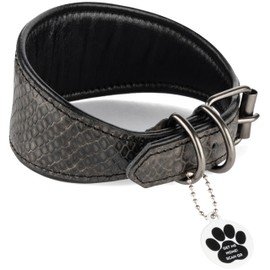 FAVPET Luxury Genuine Leather Greyhound Collar Wide with QR Code Pendant, Soft Leather Dog Collar Wide Whippet Italian Wind Chime Saluki Lurcher Spanish Galgo Greyhound Podenco (Grey, L)