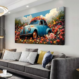 ZESTRILIA Car Wall Art Flower Canvas Paintings Old Shabby Garden Floral Artwork Rustic Landscape Picture for Country Farmhouse Living Room Bedroom Home Office Kitchen Décor (20x40inch)