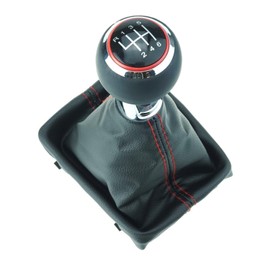 DoLED Smooth Gear Knob + Gear Stick Gaiter + Frame - Leather - Red Stitching - 6 Gear Replacement Part