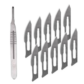 Scalpel Blades, Scalpel Foot Care, Scalpel Blades, Podiatry Instruments Scalpel, Pack of 10 Scalpel Blades Made of Carbon Steel - Replacement Blades Individually Sterile Packed + Scalpel Holder - Stainless Steel