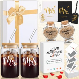 Singhoow 50 Pcs Date Ideas Cards Honeymoon Gifts Essential for Couple Mr Mrs Box Wedding Bridal Shower Engagement with Glass Date Night Scratch off Card Games Passport Holder Baggage Tags Jar
