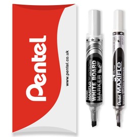 Pentel Maxiflo Whiteboard Marker Pen - Fine & Medium Chisel Tip - Black Ink - Pack of 2 Pens in Pillow Packaging