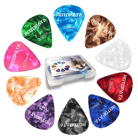 ROTOPATA 15 Pack Guitar Picks Plectrums with Organizer Storage Box, 0.5 0.75 1.0 mm Includes Thin Medium Heavy Thickness, Variety Colorful Celluloid Plectrums for Bass Electric Acoustic Guitars Ukulele