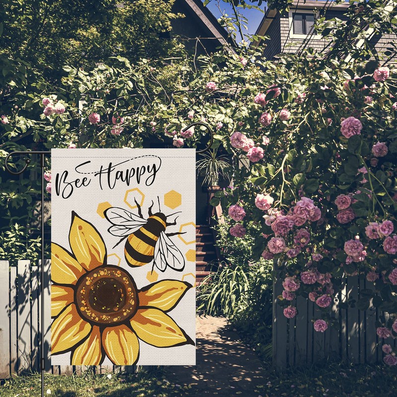 Louise Maelys Bee Happy Garden Flag 12x18 Double Sided Vertical,