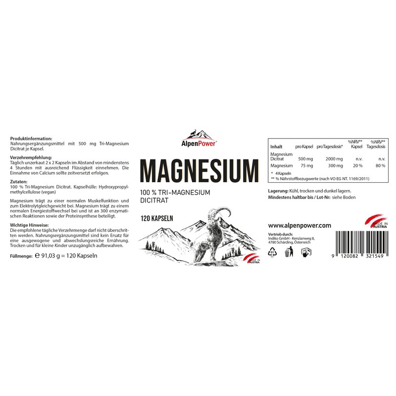 AlpenPower Magnesium 120 Capsules - Tri-Magnesium Dicitrate - Vegan -