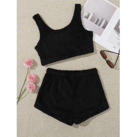 SweatyRocks Women's Fuzzy Pajamas Set Crop Tank Top with Shorts Loungewear Pure Black M