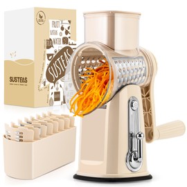 SUSTEAS SUSTEAS Rotary Cheese Grater with Handle - Vegetable Shredder with 5 Well-designed Blades & Strong Suction Base,Round Mandoline Slicer & Food Chopper for Kitchen,with Blade Storage Box(Beige)