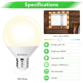BUBO Vanity Light Bulbs 60 Watt Equivalent, Globe Light Bulbs Warm White 3000K, Bathroom Light Bulbs, Round Light Bulbs, G25 LED Light Bulbs 800 Lumens, E26 Medium Base, 7W, Non-Dimmable, 12 Pack