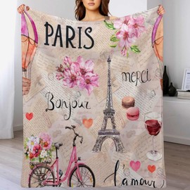 Paris Eiffel Tower Throw Blanket Pink Flowers Towers Bicycle Pattern Soft Lightweight Warm Plush Blankets for Sofa Bedroom 30"x40"