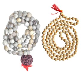 NAISHA (Pack of 2 Original Vaijanti Mala White Bead & Tulsi Holy Basil Japa Mala 108+1 Beads Hare Rama Hare Krishna for Daily Mantra Jaap with tassel