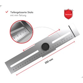 BAUHELD® Marking Gauge Metal 250 mm [mm Graduation] – Stainless Steel Marking Tool Made of Chrome-plated Steel – Metal Ruler with Hardened Marking Edge – Marking Gauge Wood Tool with Deep Lasered