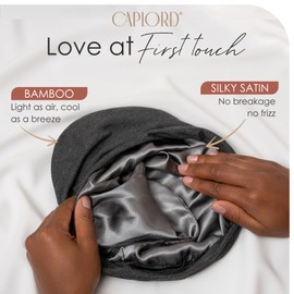 CAPLORD Adjustable Satin Bonnet for Men & Women - Satin Beanie for All Hair Types, Perfect as Sleep Bonnet for Curly or Soft Hair - Wrap Sleep Cap - Black & Dark Gray