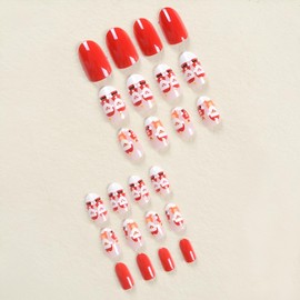 Christmas Press on Nails Short Almond Red Fake Nails Nude False Nails with Santa Claus Design Acrylic Nails Full Cover Glue on Nails Stick on Nails for Women
