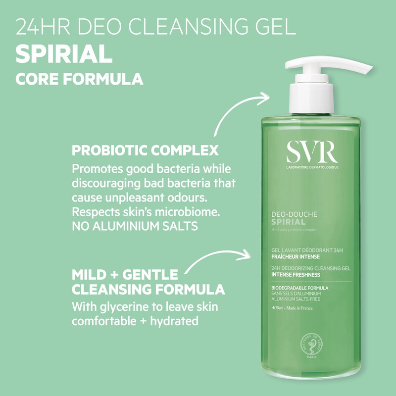 SVR SPIRIAL All-over 24hr Deodorising Wash-Off Cleansing Gel, Aluminium Salts-Free