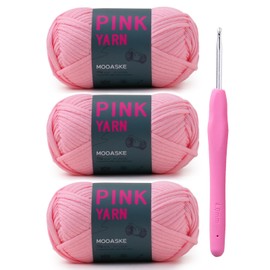 Mooaske - Paquete de 3 hilos de ganchillo con gancho de ganchillo, hilo medio peinado para ganchillo - Puntadas fáciles de ver mezcla de algodón y nailon para principiantes para adultos y niños