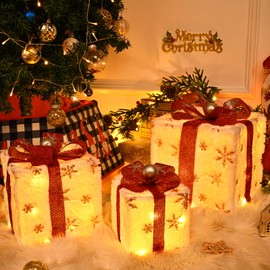 Livofloral LED Gift Box Set of 3, Christmas Decoration with 50 LEDs for Outdoor Use, Illuminated Christmas Box with Hairy Texture for Christmas, Gift Box Under Christmas Tree/Window/Garden Standing