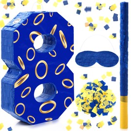 Simgoing Number 8 Blue and Golden Rings Piñata for Kids Birthday Cartoon Theme Small Piñata with Blindfold Stick Confetti for Fiesta Cinco De Mayo Party Decor, 15.8 x 11 x 2.8 Inch