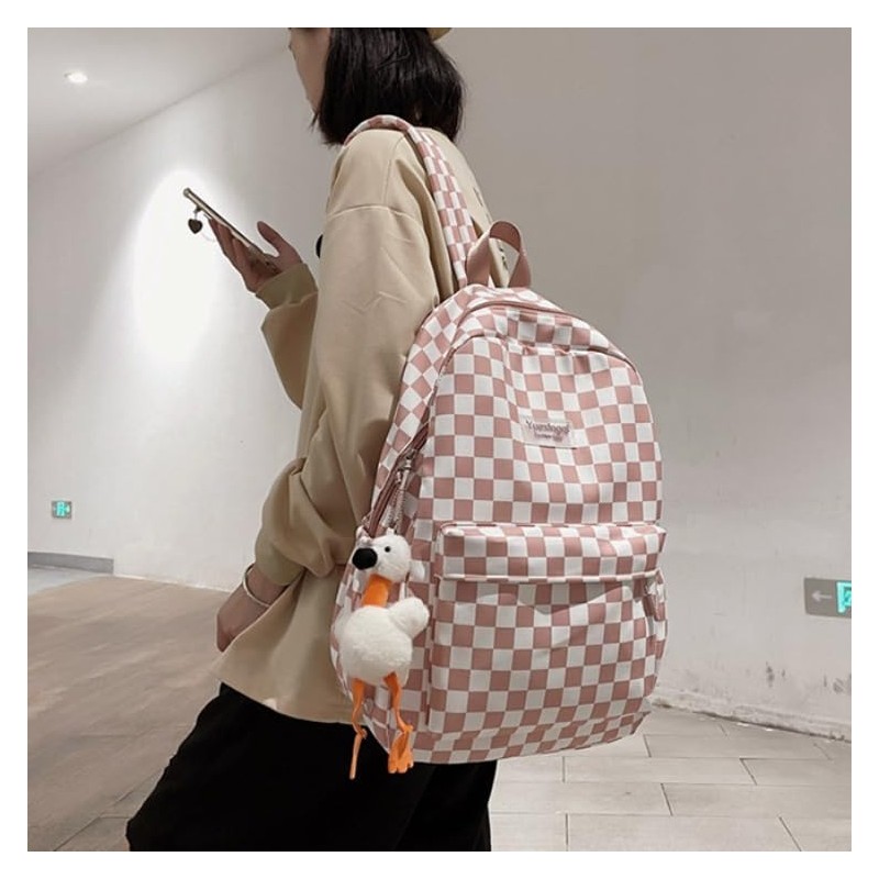 MININAI MININAI Y2K Aesthetic Checkered Backpack with Kawaii Pendant Checkerboard