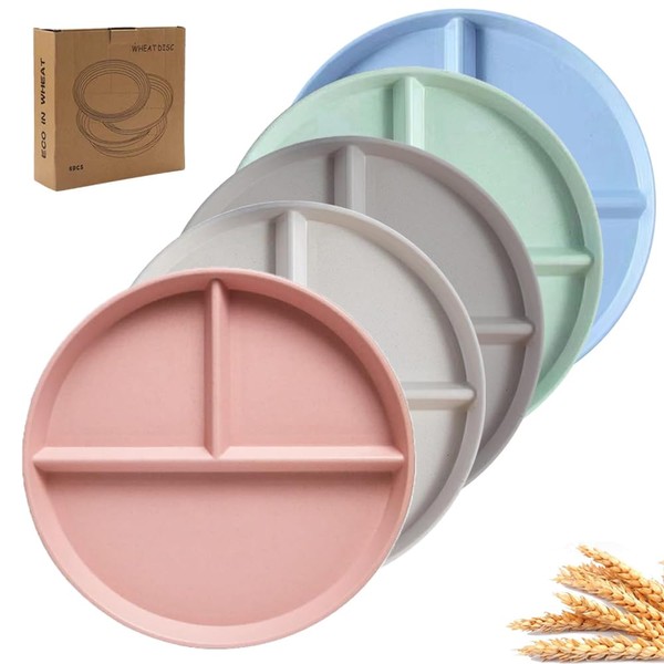 PUPOPIK 9" Unbreakable Divided Plates Set of 5, Wheat Straw
