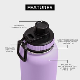 BOZ Stainless Steel Water Bottle - Vaccum Insulated Water Bottle 32 Oz - Wide Mouth BPA Free Sport Water Bottle for Gym with Spout Lid - Thermal Hot & Cold 1 Litre Lavender Water Bottle
