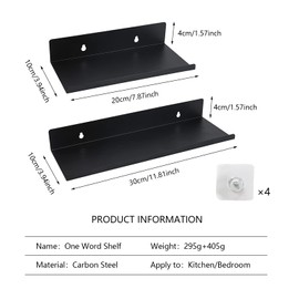 EULAPGOE Wall Shelf, Black, Pack of 2 Metal Shelves, Hanging, Bathroom Shelves, Floating Shelves, Floating Steel Shelves for Kitchen, Living Room, Bedroom, Office (20 cm)