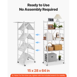 VEVOR 5-Tier Foldable Storage Shelf, 28 W x 15D x 64H Inch Folding Metal Rack Shelving Unit, Heavy Duty No Assembly Organizer Shelf with 5 Wheels & 4 Hooks for Pantry, Kitchen, Garage, Basement, White