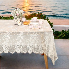 QueenDream Ivory Lace Tablecloth Rectangular: 5 Pieces 60x120 Inch - Wedding - Table Cloth Vintage Embroidered Lace Fabric for Spring Summer Outdoor Tea Party Reception Dinner Home Decor